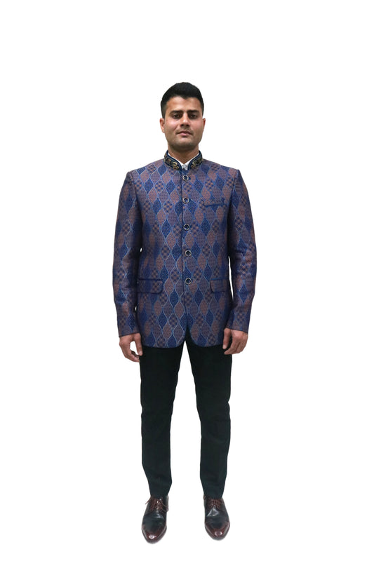 Handmade Men's Black, brown and blue Jacquard Silk Jacket and black trouser combo Perfect for wedding Occasion or Party wear