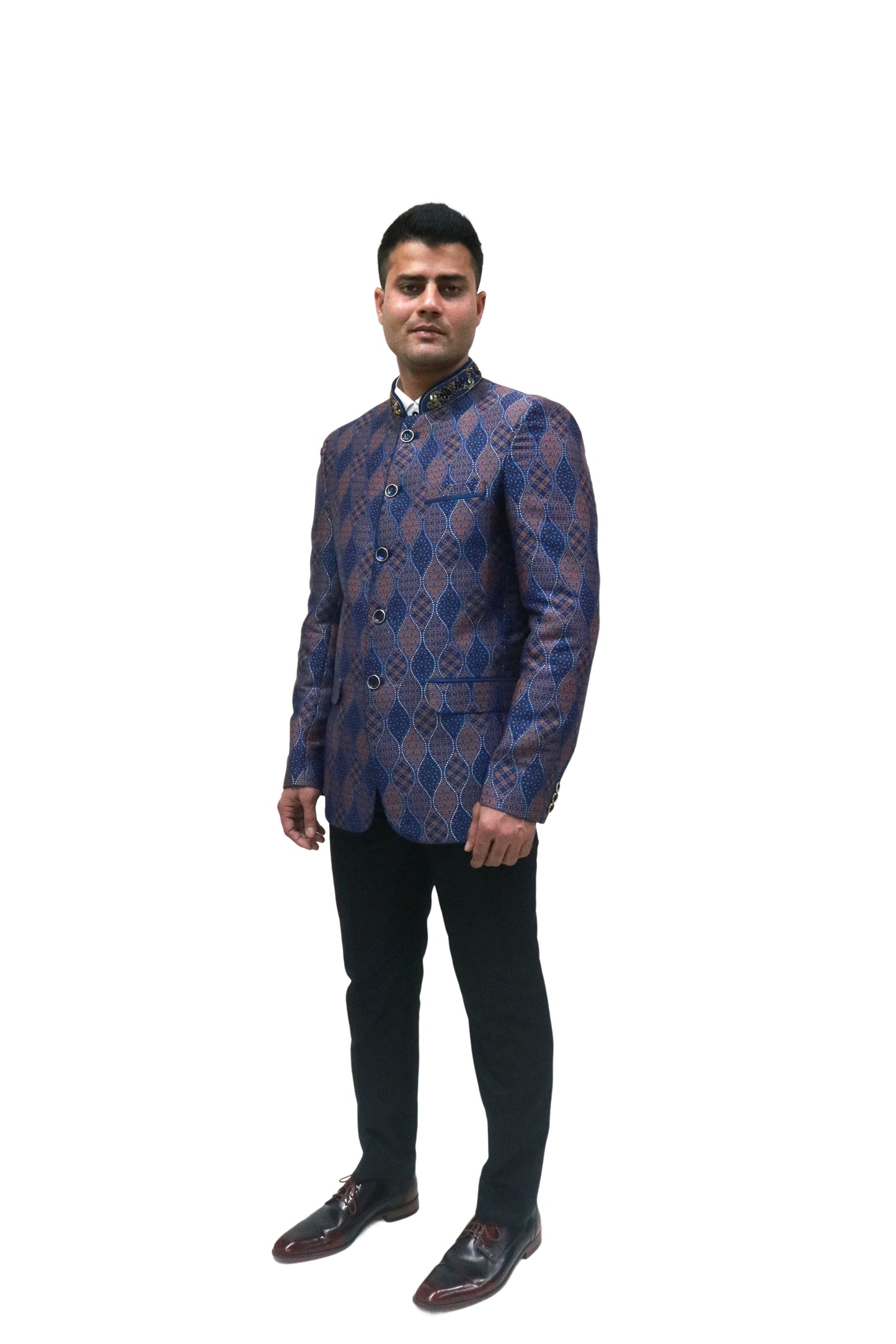 Handmade Men's Black, brown and blue Jacquard Silk Jacket and black trouser combo Perfect for wedding Occasion or Party wear