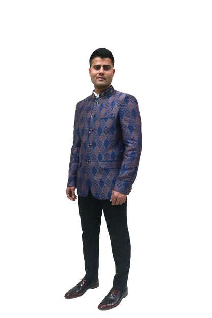 Handmade Men's Black, brown and blue Jacquard Silk Jacket and black trouser combo Perfect for wedding Occasion or Party wear