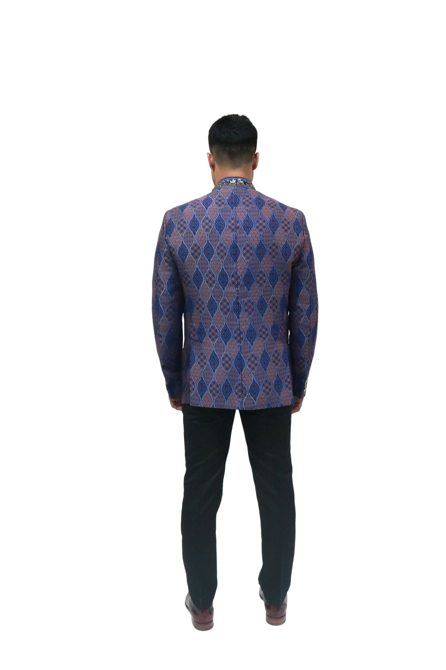 Handmade Men's Black, brown and blue Jacquard Silk Jacket and black trouser combo Perfect for wedding Occasion or Party wear