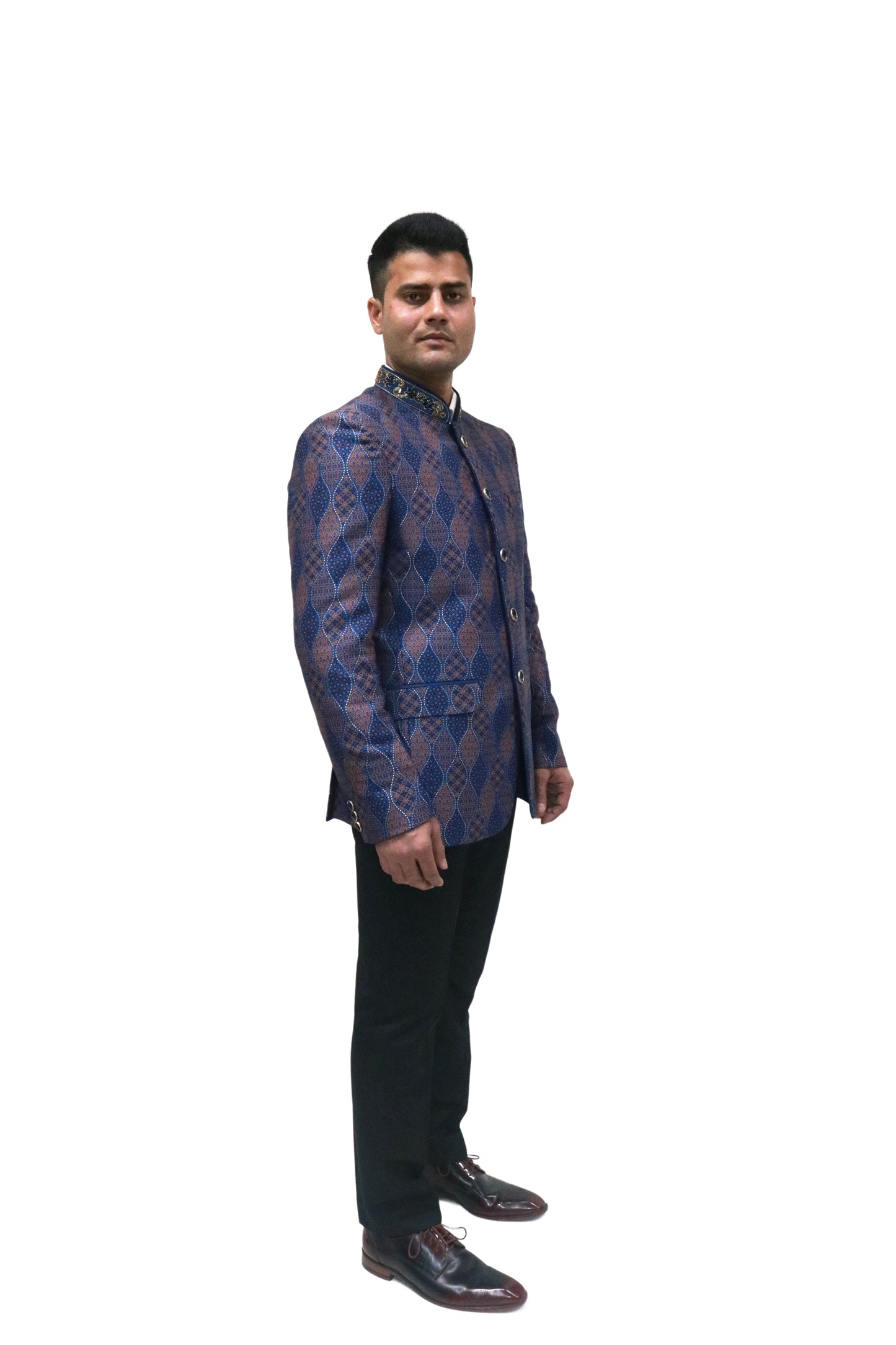 Handmade Men's Black, brown and blue Jacquard Silk Jacket and black trouser combo Perfect for wedding Occasion or Party wear