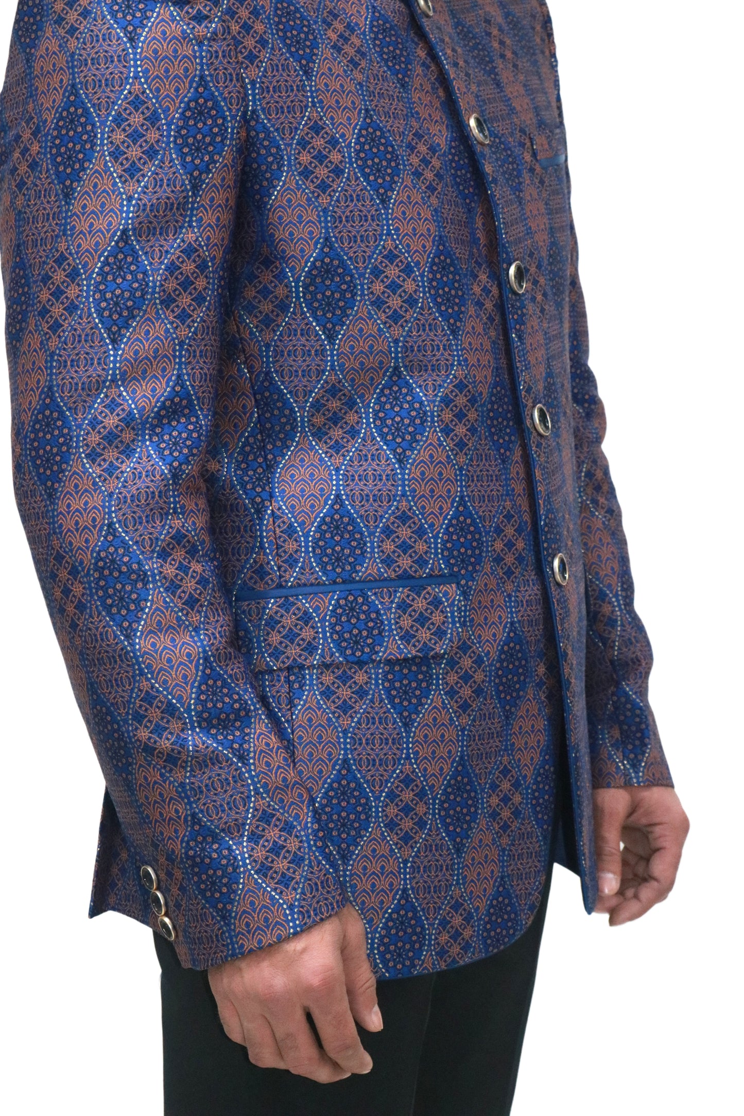 Handmade Men's Black, brown and blue Jacquard Silk Jacket and black trouser combo Perfect for wedding Occasion or Party wear