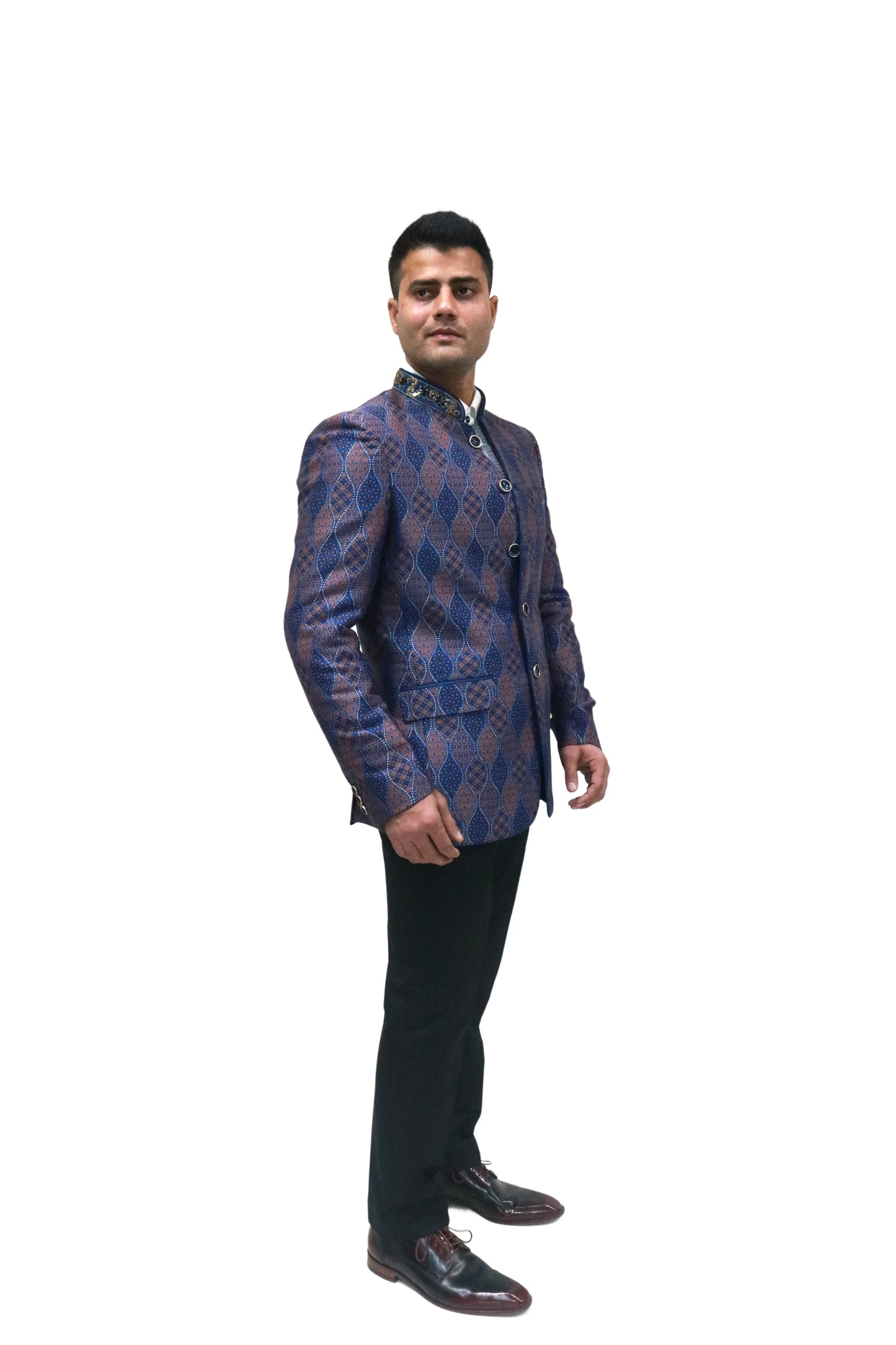 Handmade Men's Black, brown and blue Jacquard Silk Jacket and black trouser combo Perfect for wedding Occasion or Party wear