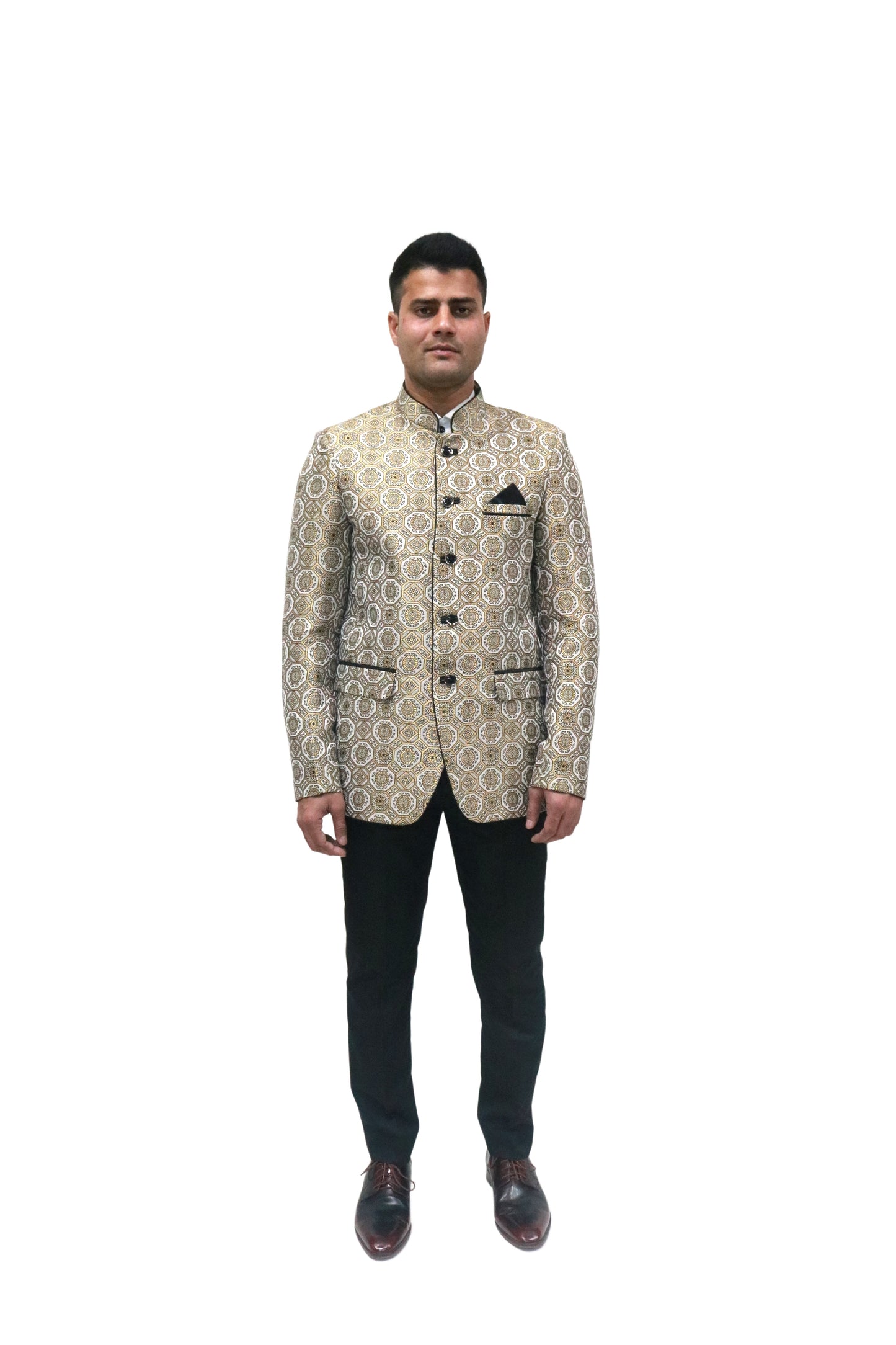 Handmade Men's off white Jacquard Silk Jacket and black trouser combo Perfect for wedding Occasion or Party wear