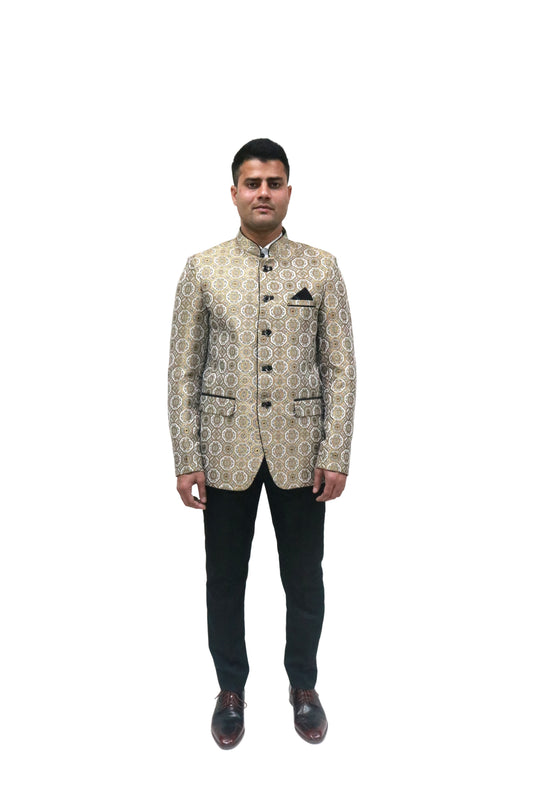 Handmade Men's off white Jacquard Silk Jacket and black trouser combo Perfect for wedding Occasion or Party wear
