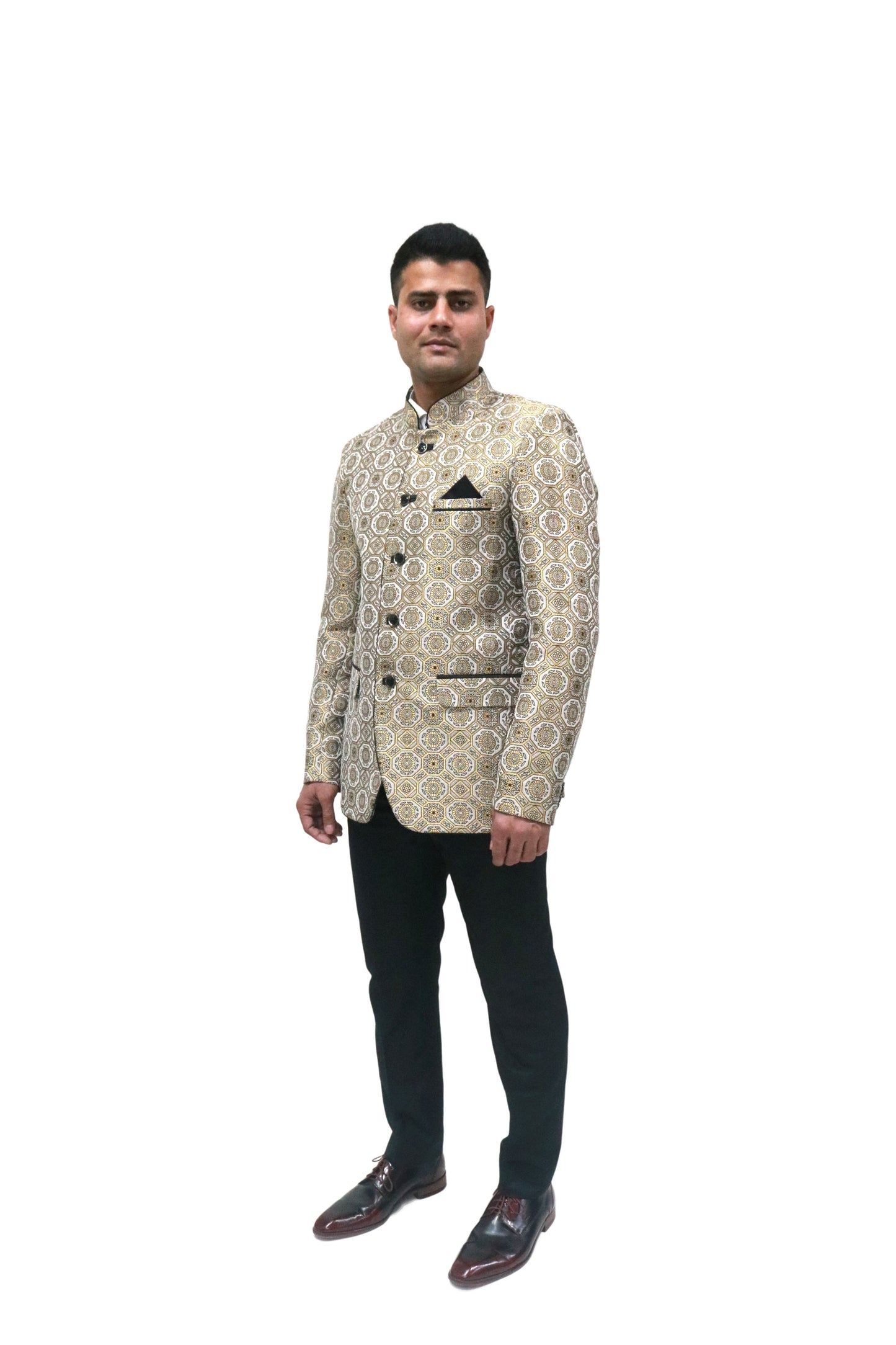 Handmade Men's off white Jacquard Silk Jacket and black trouser combo Perfect for wedding Occasion or Party wear