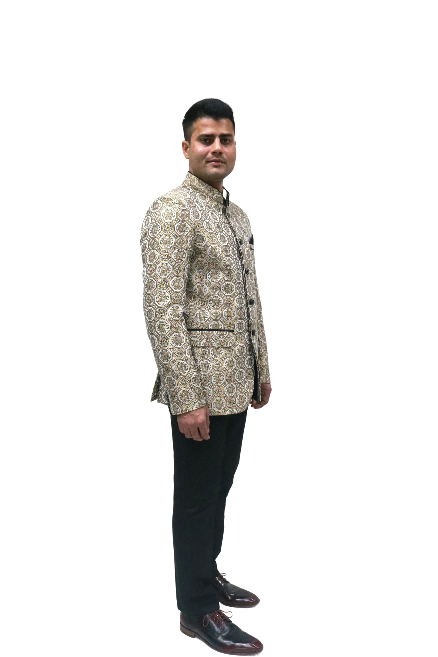 Handmade Men's off white Jacquard Silk Jacket and black trouser combo Perfect for wedding Occasion or Party wear