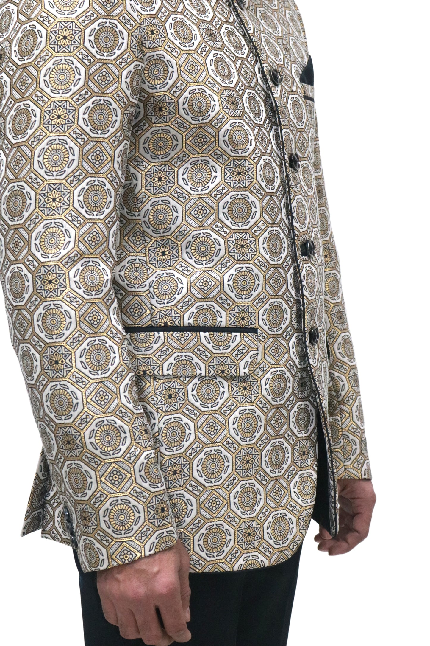 Handmade Men's off white Jacquard Silk Jacket and black trouser combo Perfect for wedding Occasion or Party wear