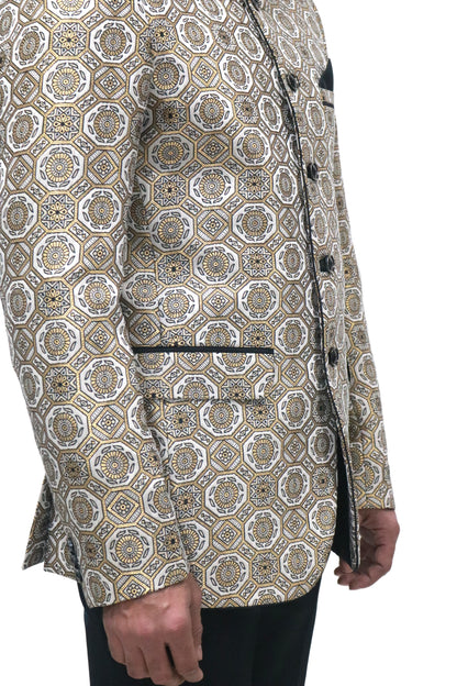 Handmade Men's off white Jacquard Silk Jacket and black trouser combo Perfect for wedding Occasion or Party wear