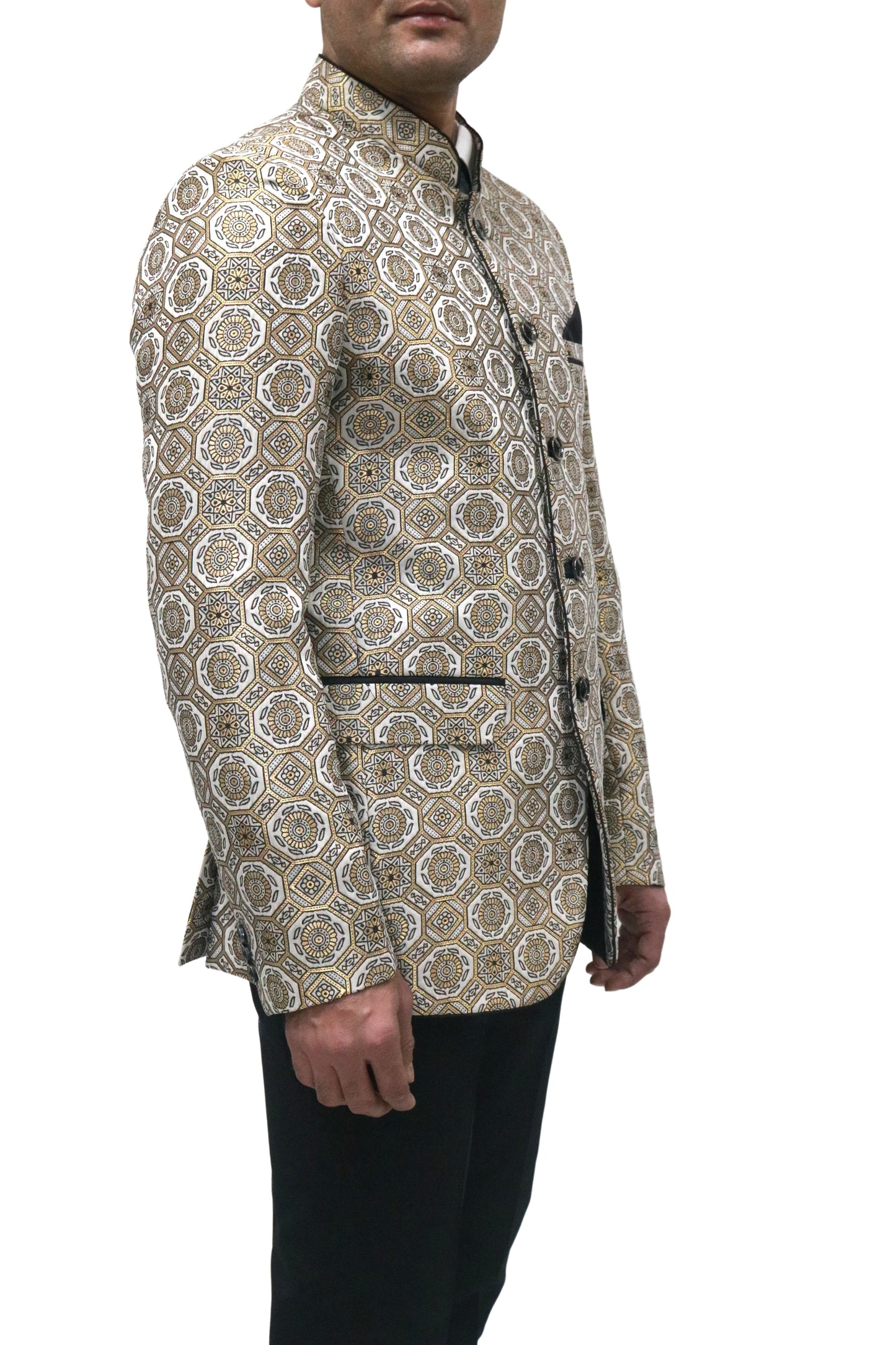 Handmade Men's off white Jacquard Silk Jacket and black trouser combo Perfect for wedding Occasion or Party wear