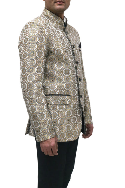 Handmade Men's off white Jacquard Silk Jacket and black trouser combo Perfect for wedding Occasion or Party wear