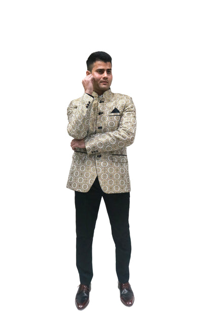 Handmade Men's off white Jacquard Silk Jacket and black trouser combo Perfect for wedding Occasion or Party wear