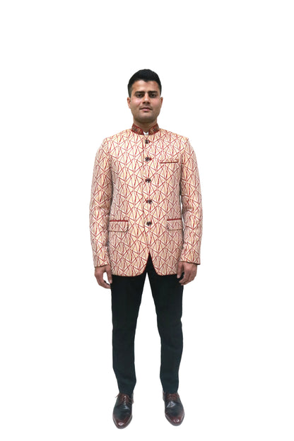 Handmade Men's off white Jacquard Silk Jacket and black trouser combo Perfect for wedding Occasion or Party wear