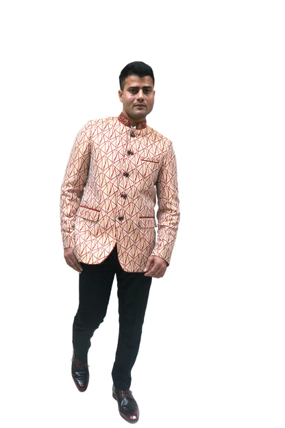 Handmade Men's off white Jacquard Silk Jacket and black trouser combo Perfect for wedding Occasion or Party wear