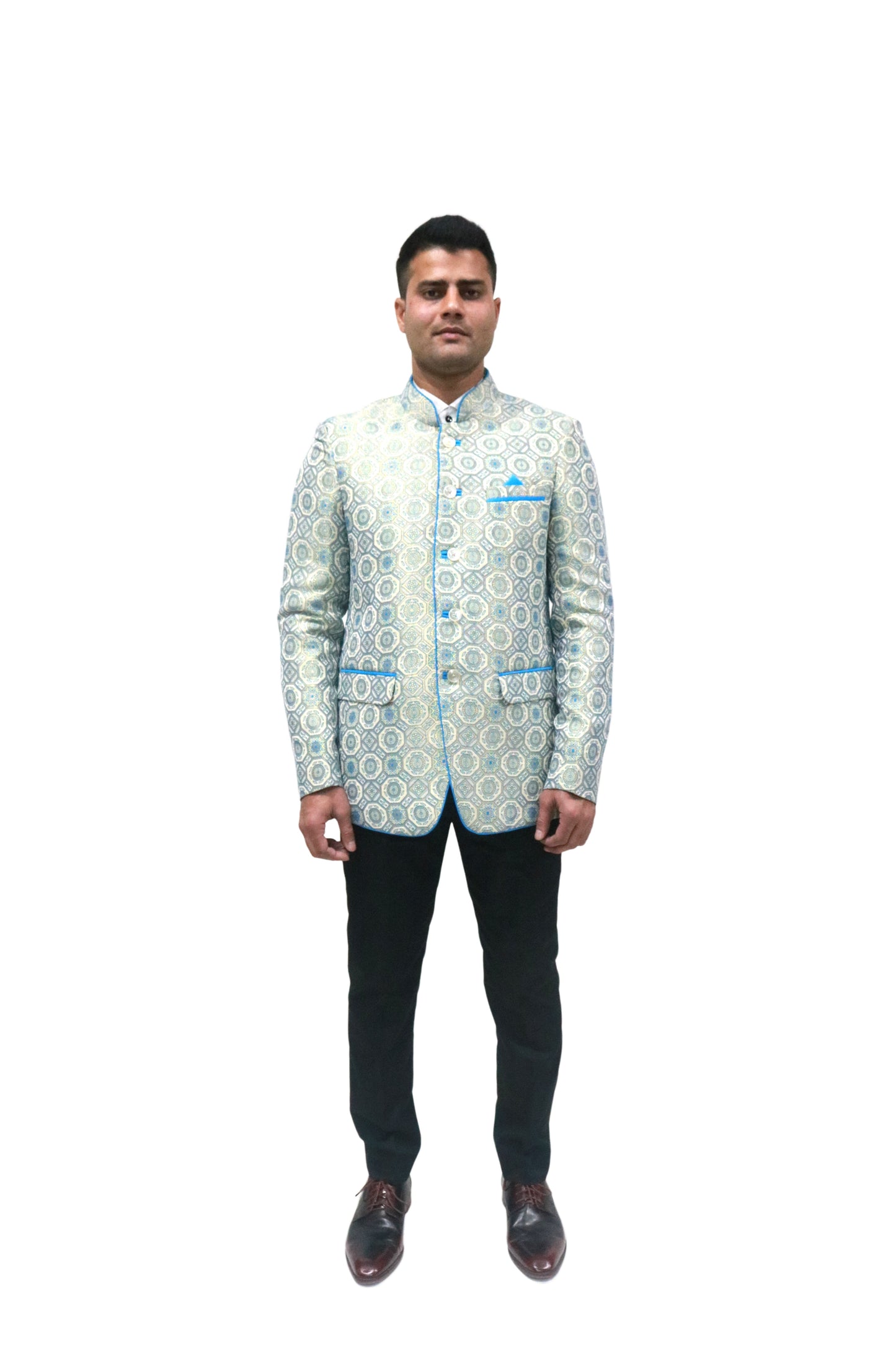Handmade Men's off white Jacquard Silk Jacket and black trouser combo Perfect for wedding Occasion or Party wear