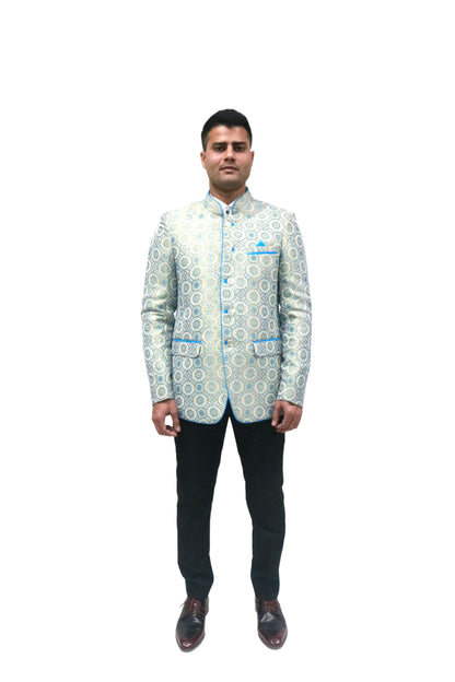 Handmade Men's off white Jacquard Silk Jacket and black trouser combo Perfect for wedding Occasion or Party wear