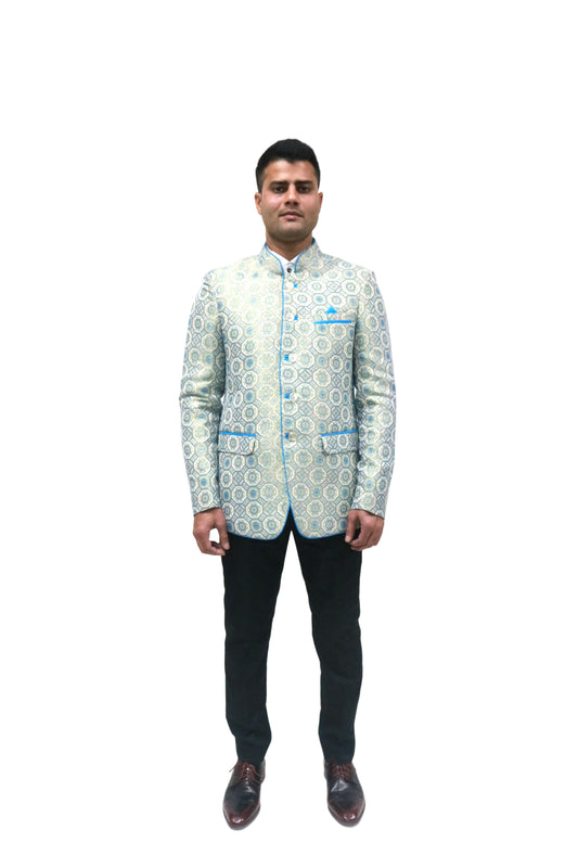 Handmade Men's off white Jacquard Silk Jacket and black trouser combo Perfect for wedding Occasion or Party wear
