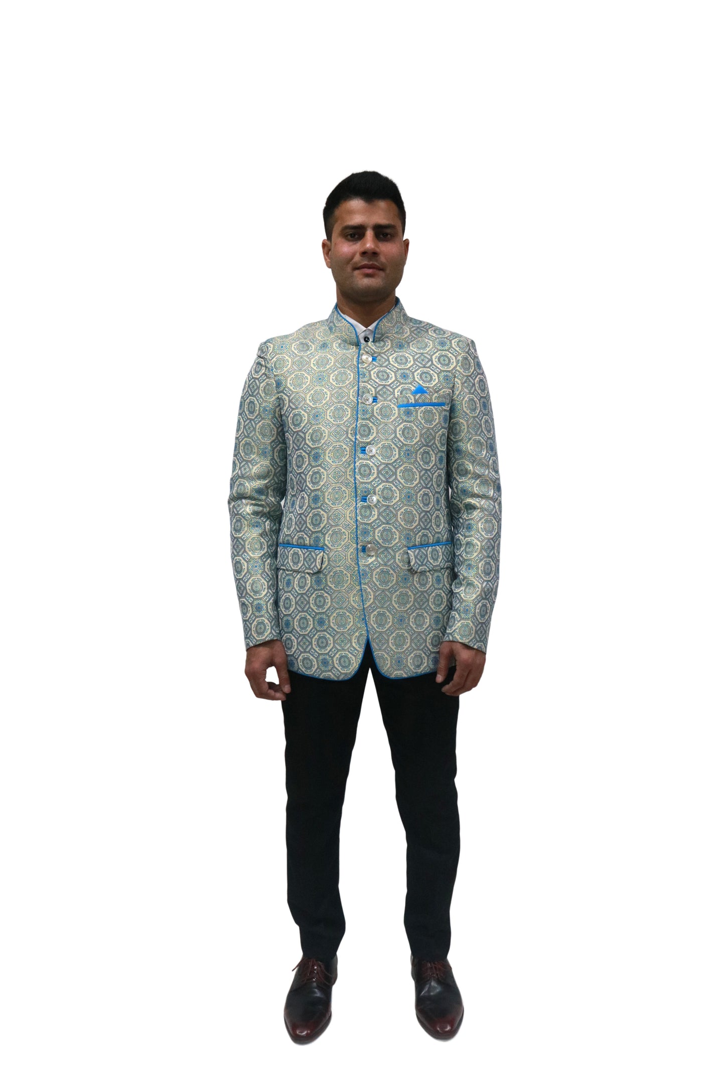 Handmade Men's off white Jacquard Silk Jacket and black trouser combo Perfect for wedding Occasion or Party wear