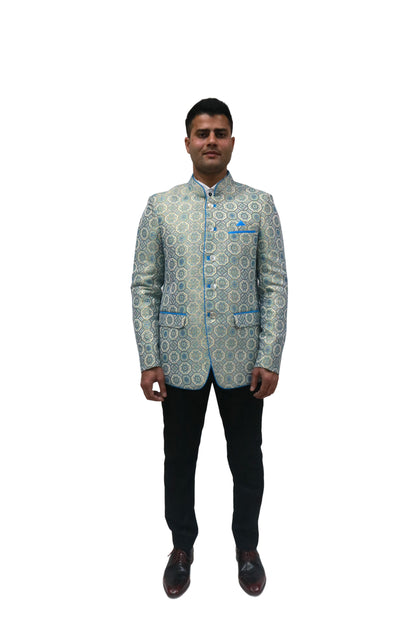 Handmade Men's off white Jacquard Silk Jacket and black trouser combo Perfect for wedding Occasion or Party wear