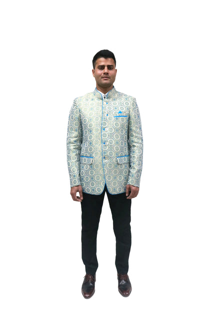 Handmade Men's off white Jacquard Silk Jacket and black trouser combo Perfect for wedding Occasion or Party wear