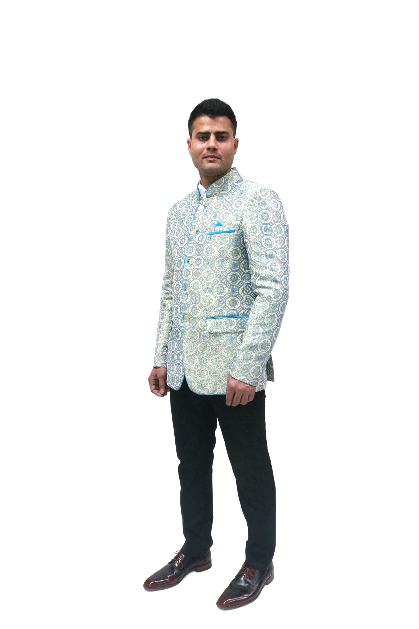 Handmade Men's off white Jacquard Silk Jacket and black trouser combo Perfect for wedding Occasion or Party wear