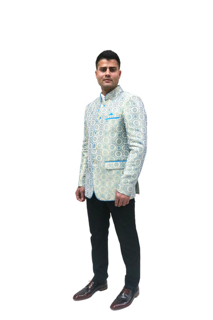 Handmade Men's off white Jacquard Silk Jacket and black trouser combo Perfect for wedding Occasion or Party wear