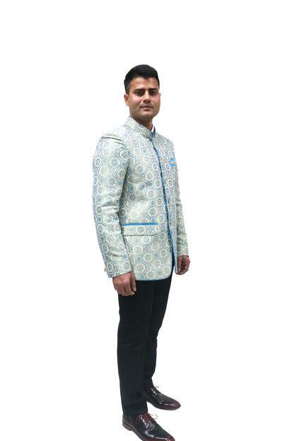Handmade Men's off white Jacquard Silk Jacket and black trouser combo Perfect for wedding Occasion or Party wear