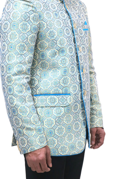 Handmade Men's off white Jacquard Silk Jacket and black trouser combo Perfect for wedding Occasion or Party wear