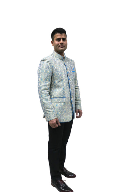 Handmade Men's off white Jacquard Silk Jacket and black trouser combo Perfect for wedding Occasion or Party wear