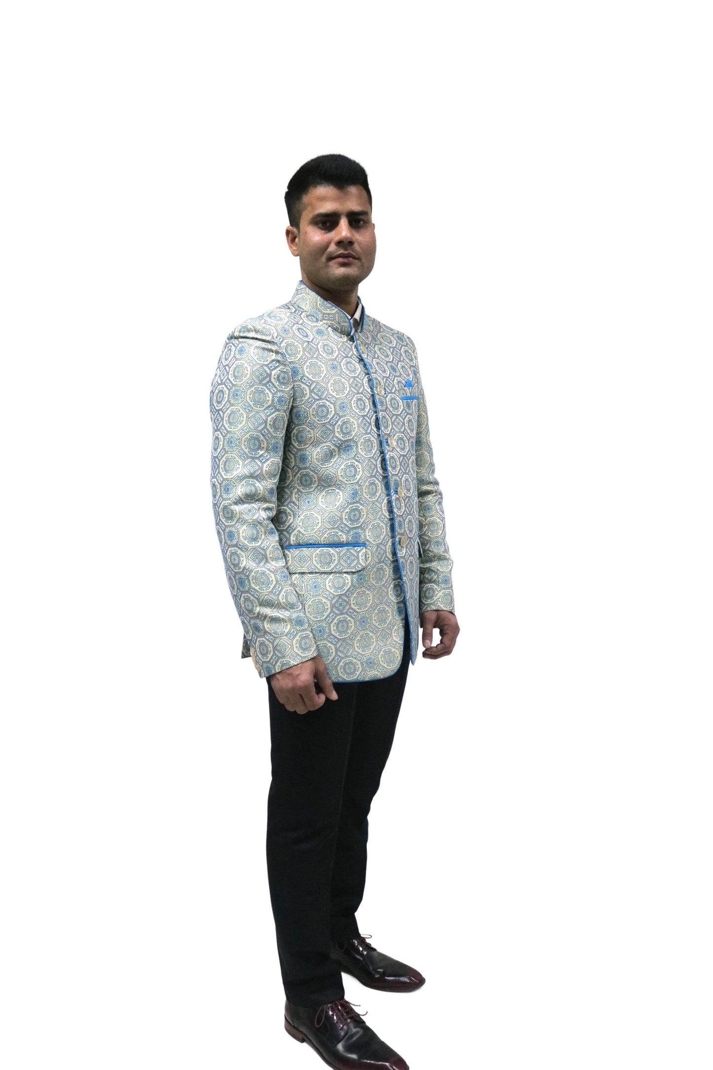 Handmade Men's off white Jacquard Silk Jacket and black trouser combo Perfect for wedding Occasion or Party wear