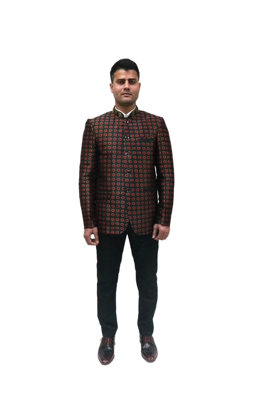 Handmade Men's Black, red Jacquard Silk Jacket and black trouser combo Perfect for wedding Occasion or Party wear