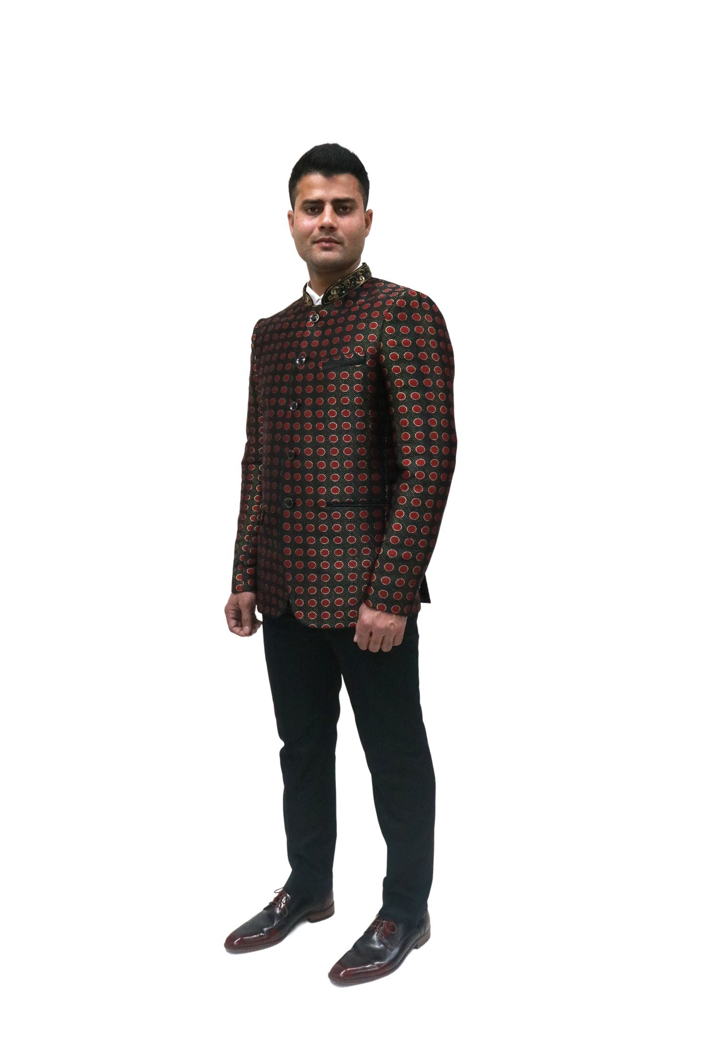 Handmade Men's Black, red Jacquard Silk Jacket and black trouser combo Perfect for wedding Occasion or Party wear