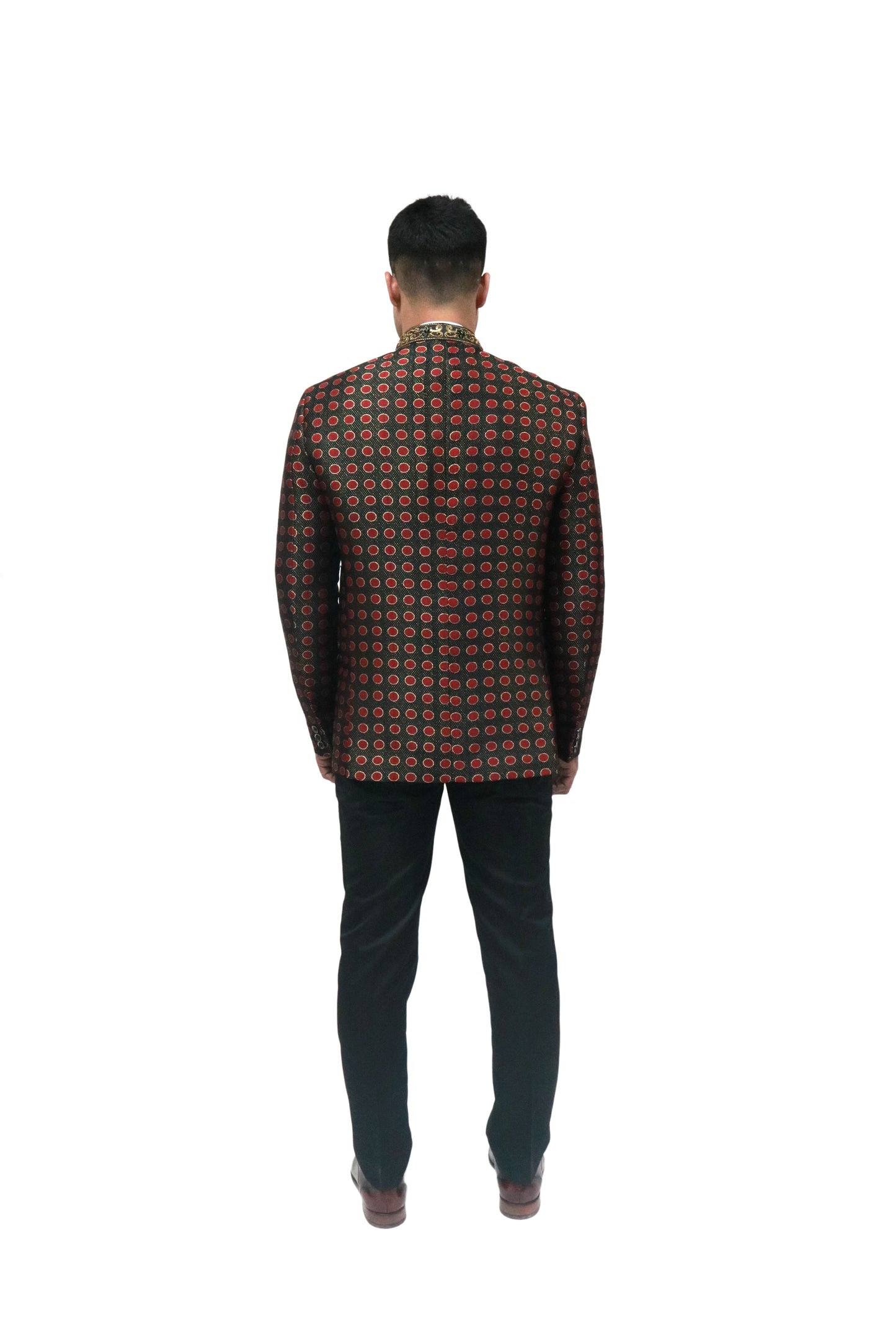 Handmade Men's Black, red Jacquard Silk Jacket and black trouser combo Perfect for wedding Occasion or Party wear