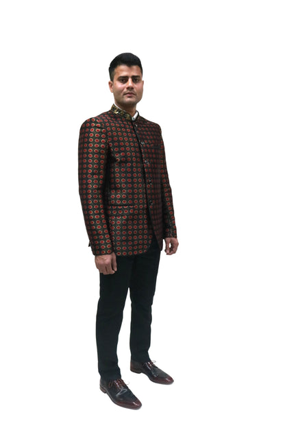 Handmade Men's Black, red Jacquard Silk Jacket and black trouser combo Perfect for wedding Occasion or Party wear