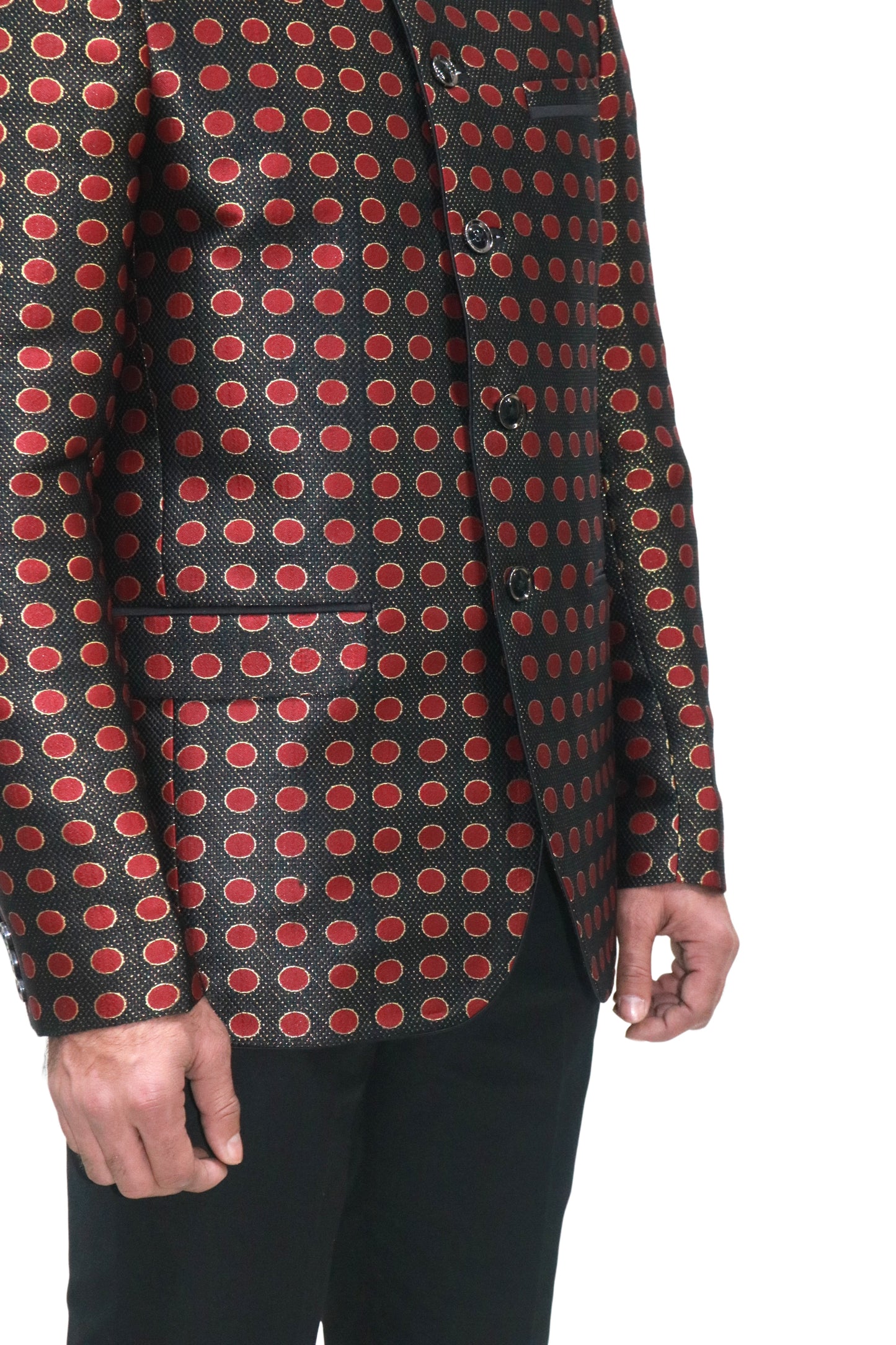 Handmade Men's Black, red Jacquard Silk Jacket and black trouser combo Perfect for wedding Occasion or Party wear