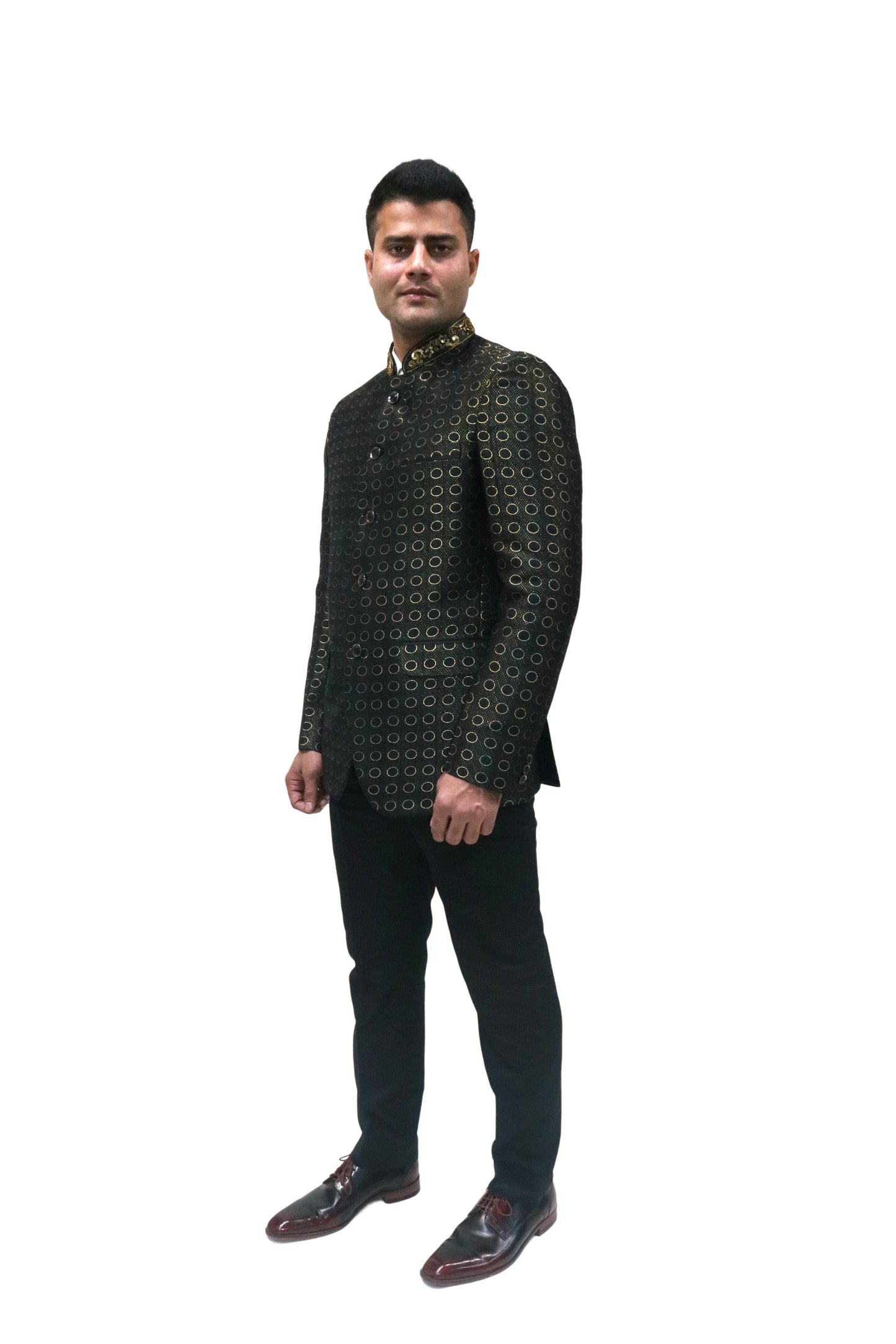 Handmade Men's Black on black Jacquard Silk Jacket and black trouser combo Perfect for wedding Occasion or Party wear