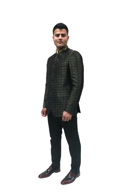 Handmade Men's Black on black Jacquard Silk Jacket and black trouser combo Perfect for wedding Occasion or Party wear