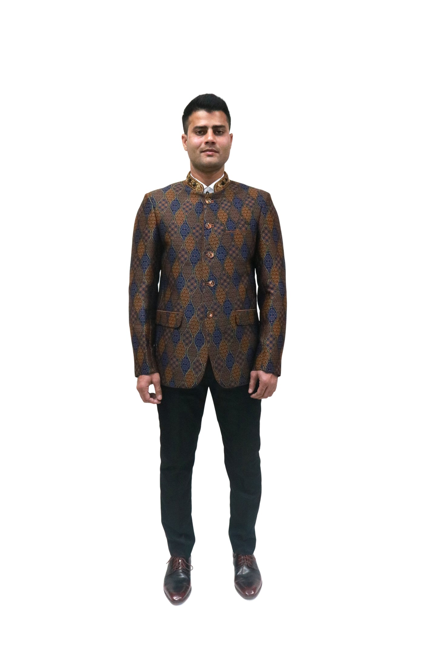 Handmade Men's Black, brown and blue Jacquard Silk Jacket and black trouser combo Perfect for wedding Occasion or Party wear