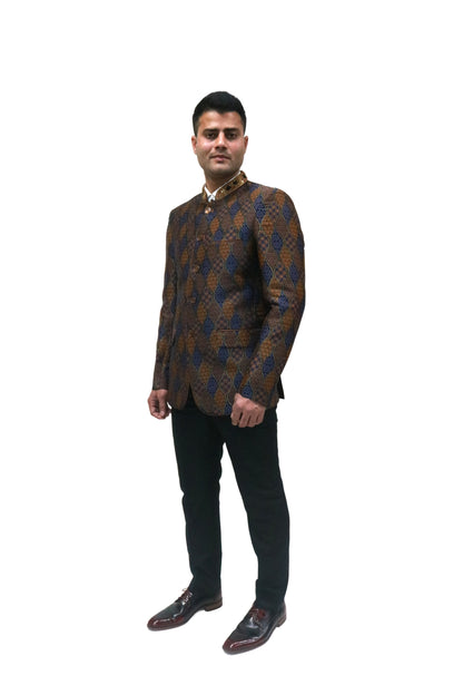 Handmade Men's Black, brown and blue Jacquard Silk Jacket and black trouser combo Perfect for wedding Occasion or Party wear
