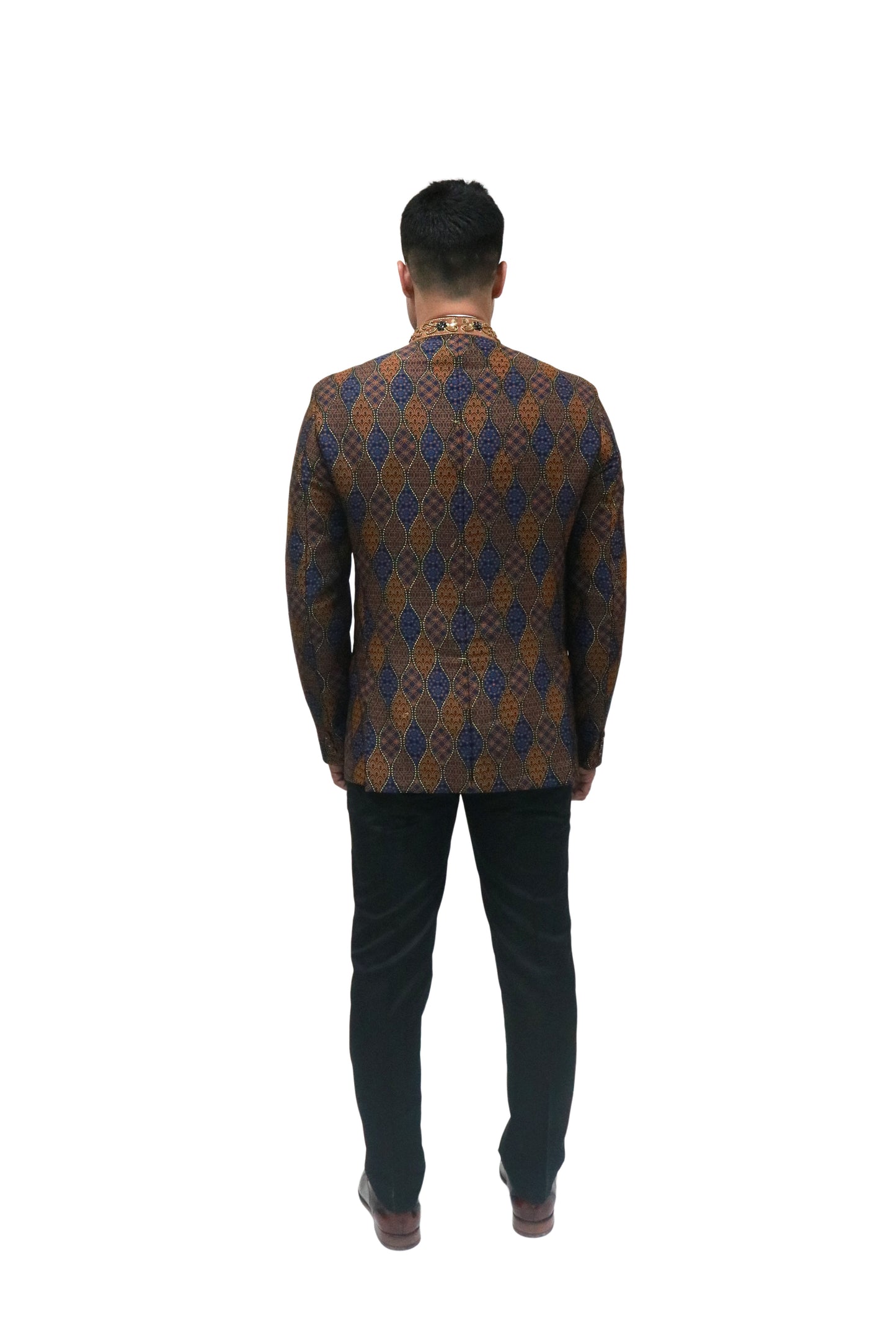 Handmade Men's Black, brown and blue Jacquard Silk Jacket and black trouser combo Perfect for wedding Occasion or Party wear