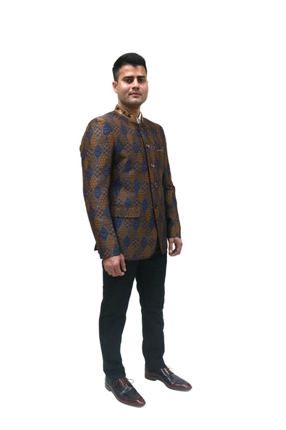 Handmade Men's Black, brown and blue Jacquard Silk Jacket and black trouser combo Perfect for wedding Occasion or Party wear