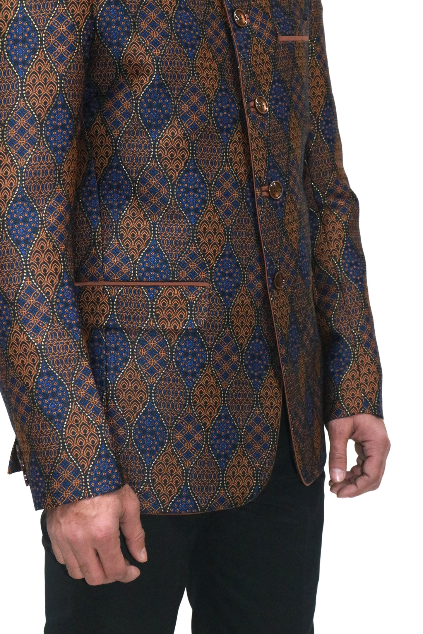 Handmade Men's Black, brown and blue Jacquard Silk Jacket and black trouser combo Perfect for wedding Occasion or Party wear