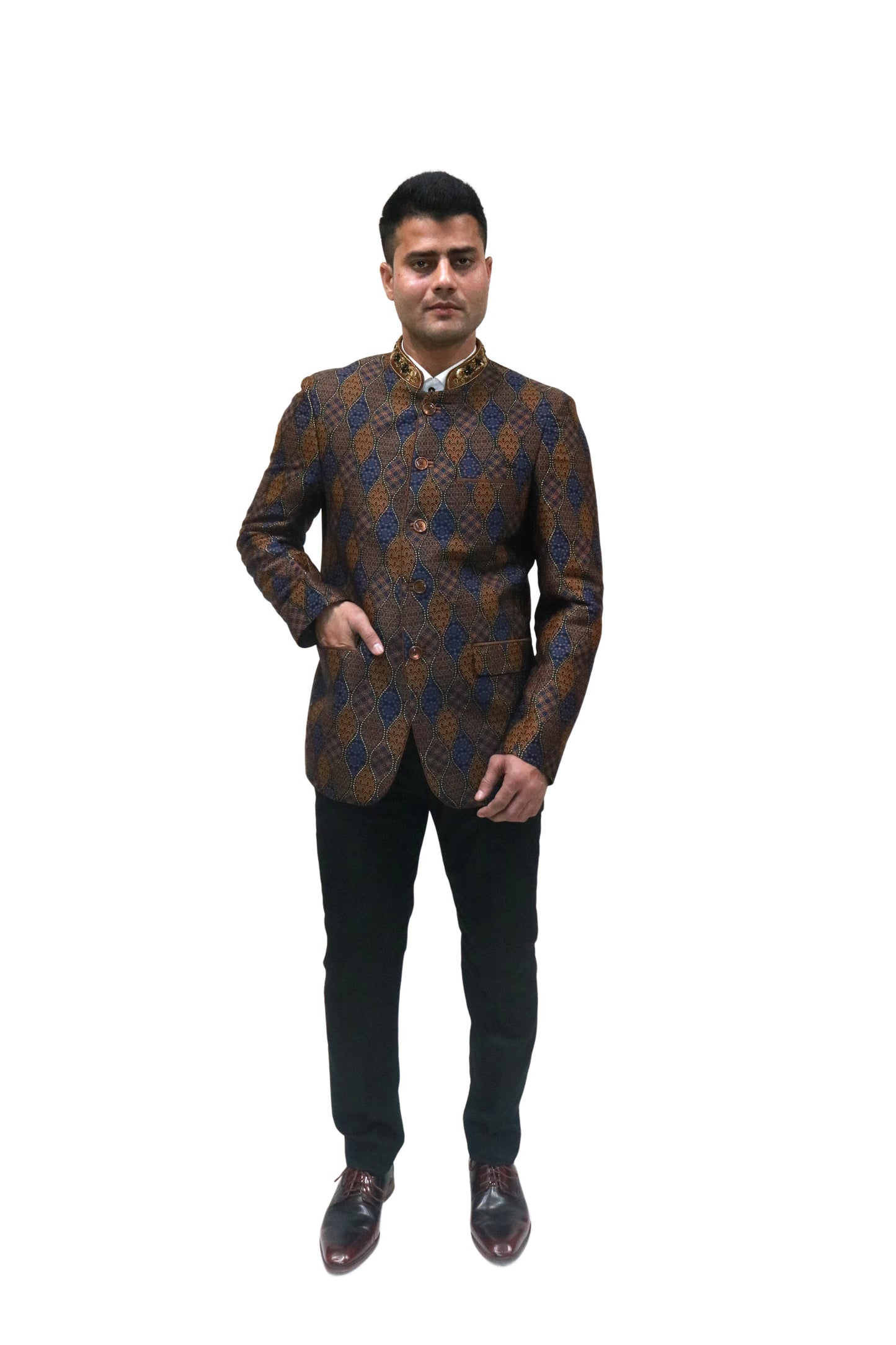Handmade Men's Black, brown and blue Jacquard Silk Jacket and black trouser combo Perfect for wedding Occasion or Party wear