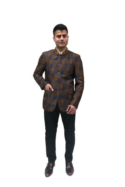 Handmade Men's Black, brown and blue Jacquard Silk Jacket and black trouser combo Perfect for wedding Occasion or Party wear
