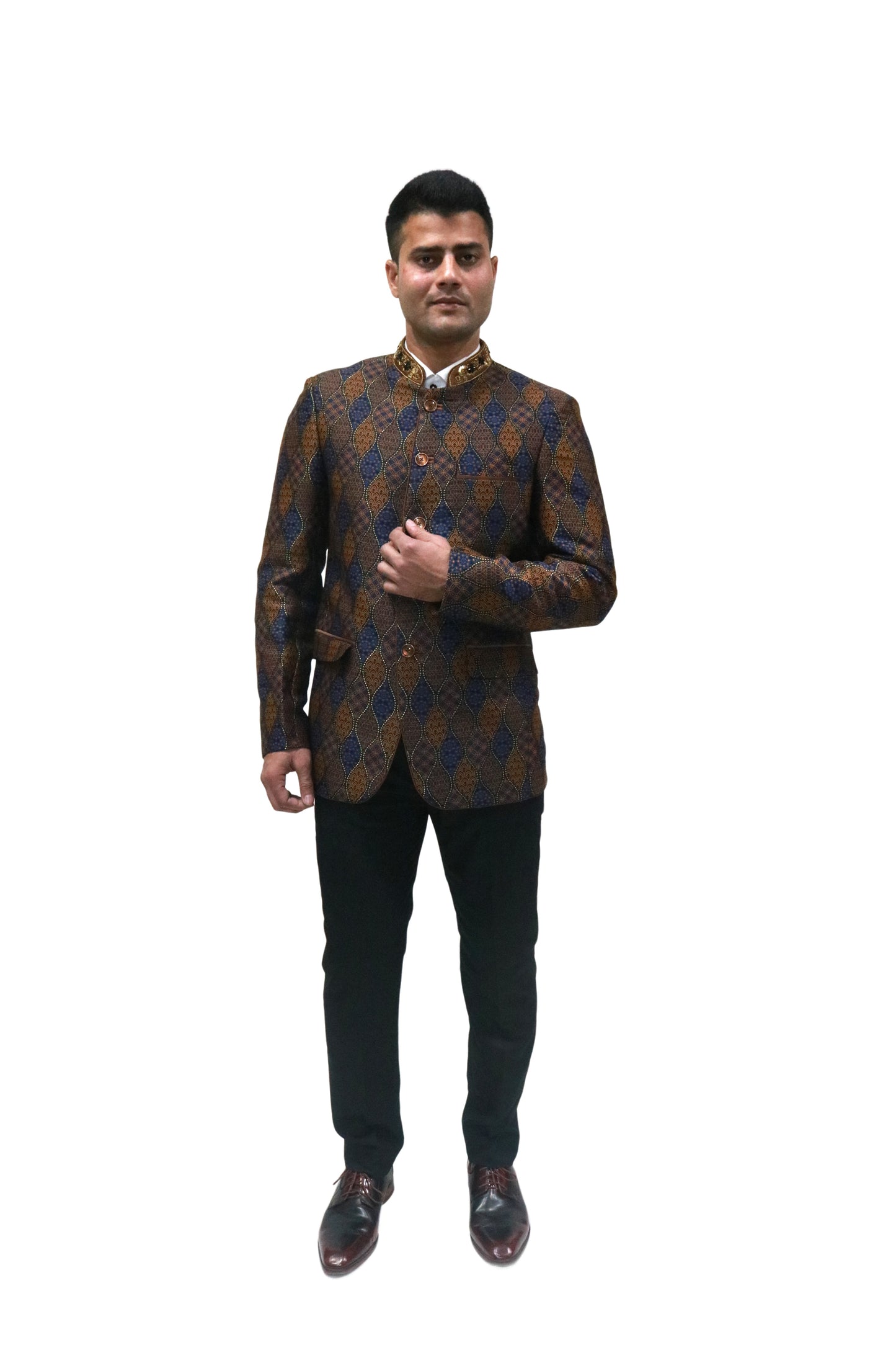 Handmade Men's Black, brown and blue Jacquard Silk Jacket and black trouser combo Perfect for wedding Occasion or Party wear