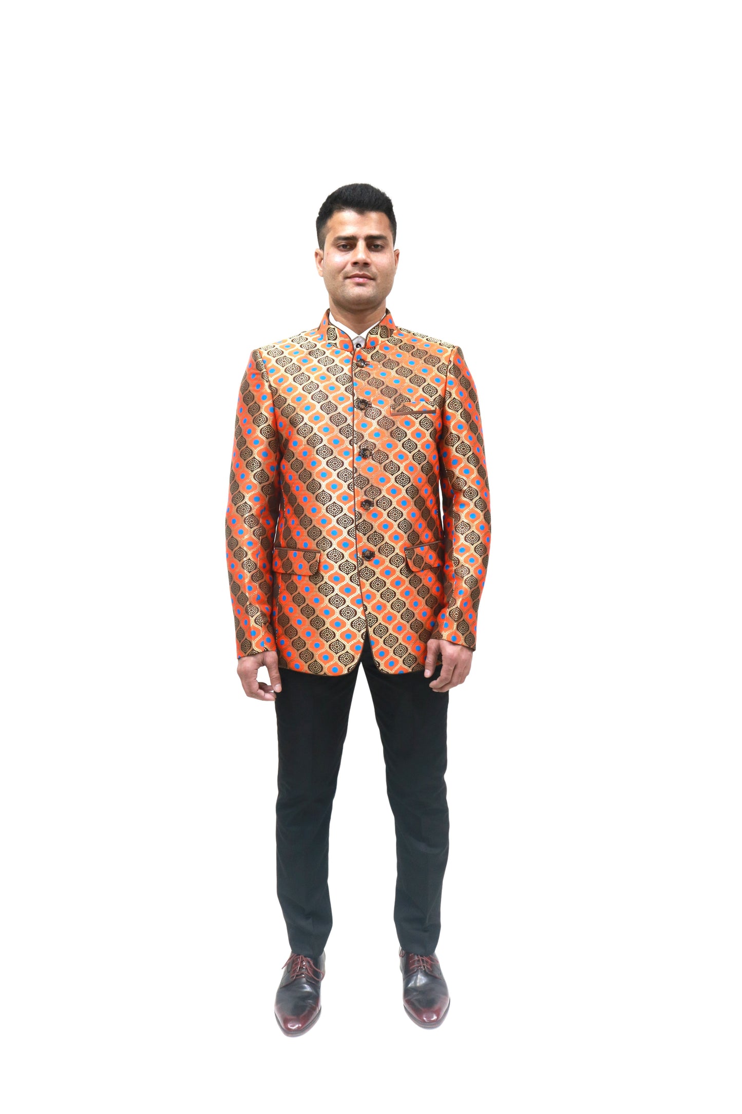 Handmade Men's , brown orange and blue Jacquard Silk Jacket and black trouser combo Perfect for wedding Occasion or Party wear