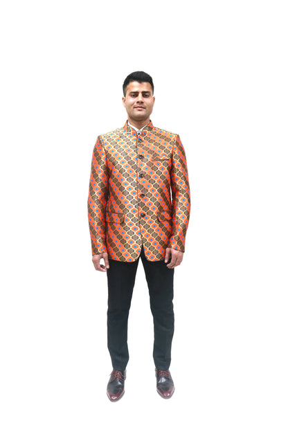 Handmade Men's , brown orange and blue Jacquard Silk Jacket and black trouser combo Perfect for wedding Occasion or Party wear