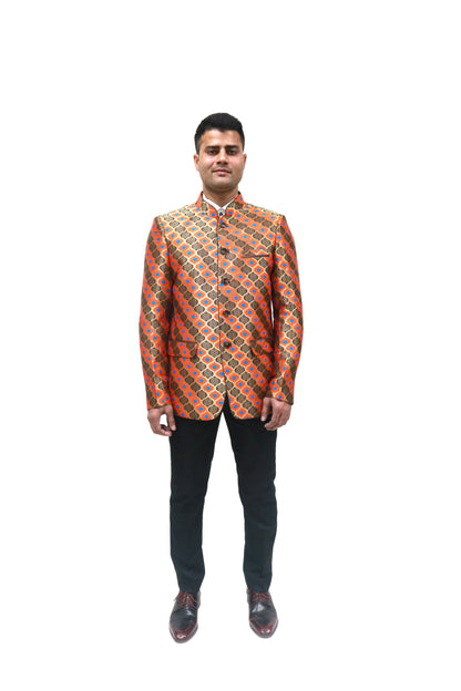 Handmade Men's , brown orange and blue Jacquard Silk Jacket and black trouser combo Perfect for wedding Occasion or Party wear