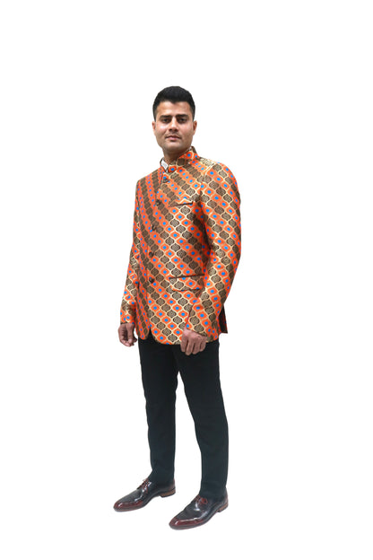 Handmade Men's , brown orange and blue Jacquard Silk Jacket and black trouser combo Perfect for wedding Occasion or Party wear