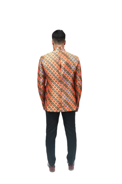 Handmade Men's , brown orange and blue Jacquard Silk Jacket and black trouser combo Perfect for wedding Occasion or Party wear